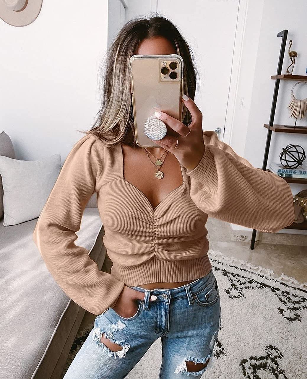 PRETTYGARDEN Women's Chic Deep V Neck Long Sleeve Knit Ruched Tops Off Shoulder Solid Ribbed Knitted Crop Pullover Sweater - Image 4